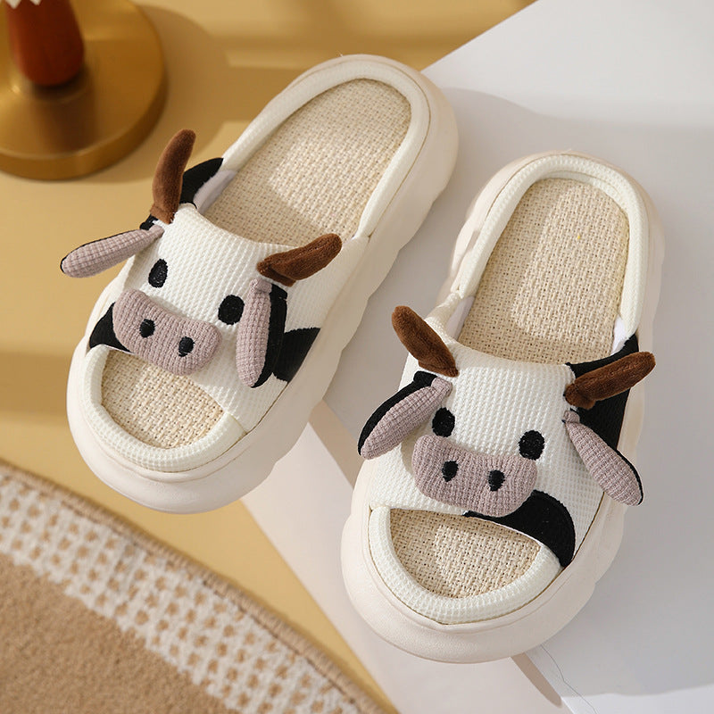 Cute Cartoon Cow Frog Slippers Linen Non-slip Shoes Indoor Garden Home Slippers