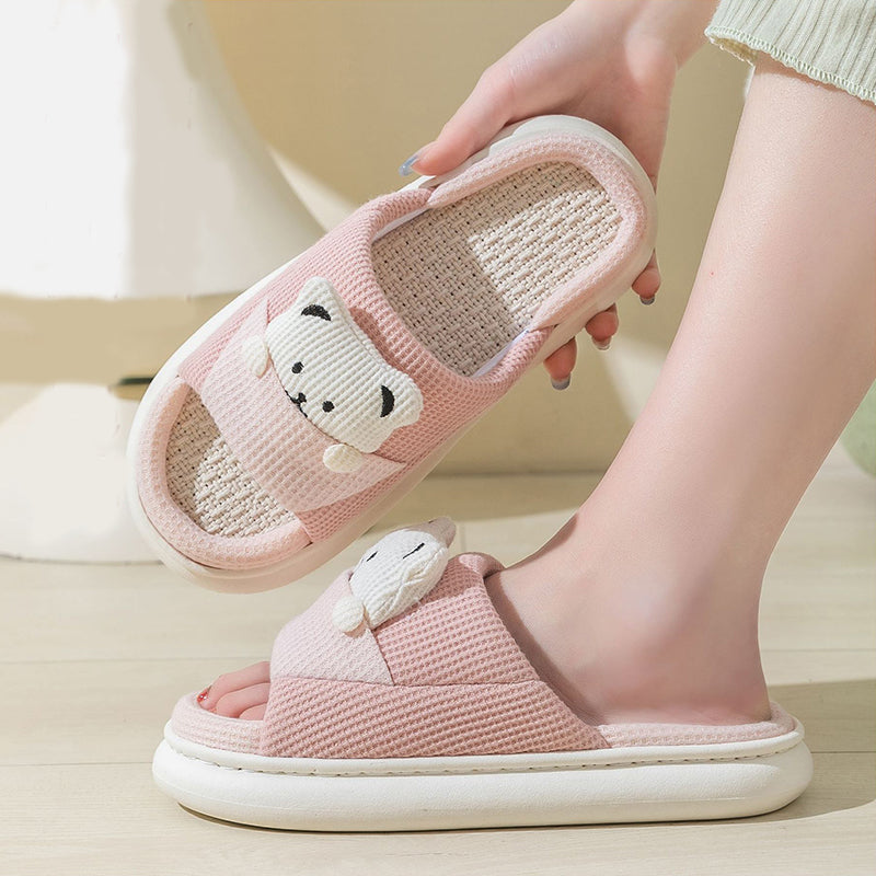 Cute Cartoon Bear Slippers Spring And Autumn Fashion Thick-soled  Mute Linen Slipper Women's House Shoes