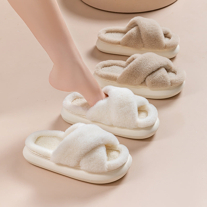 Women's Platform Fuzzy Home Slippers Winter Open Toe Criss-cross Solid Color Casual Floor Slides Indoor Flat Comfy House Shoes