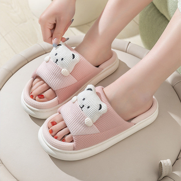 Cute Cartoon Bear Slippers Spring And Autumn Fashion Thick-soled  Mute Linen Slipper Women's House Shoes