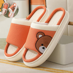 Cute Cartoon Bear Linen Slippers For Women Indoor Non-slip Sweat-absorbent Breathable Slip On Floor Bedroom Slipper House Shoes